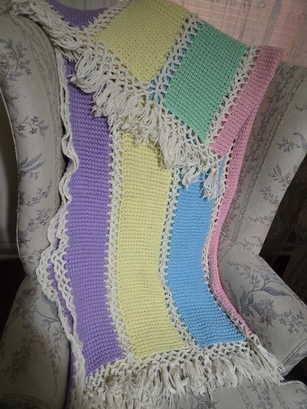 Pastel Crochet Throw Blanket with Fringe Size 56 In By 46 In